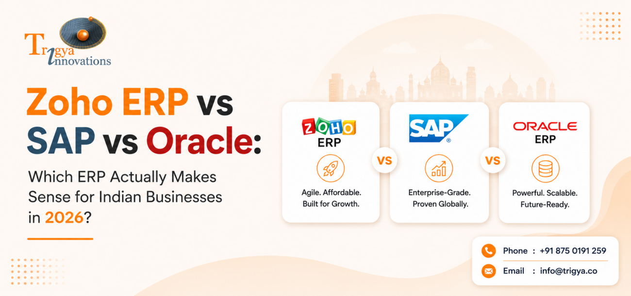 Zoho ERP vs SAP vs Oracle comparison banner for Indian businesses featuring ERP platforms, scalability, compliance, and enterprise solutions