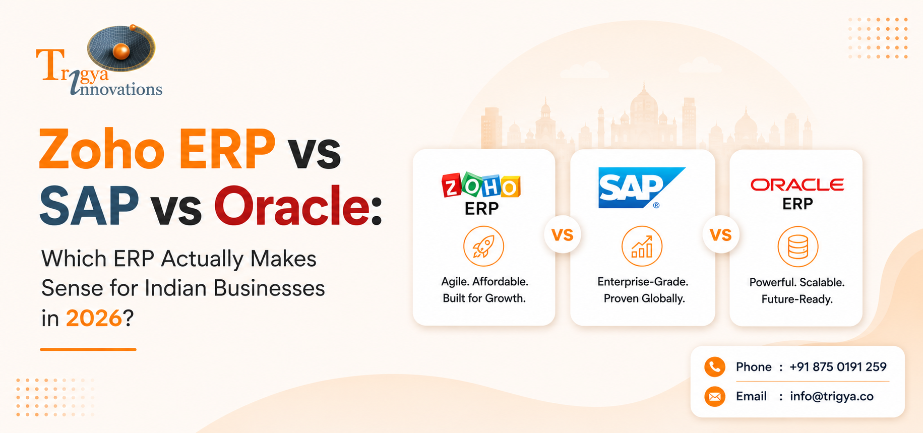 Zoho ERP vs SAP vs Oracle comparison banner for Indian businesses featuring ERP platforms, scalability, compliance, and enterprise solutions