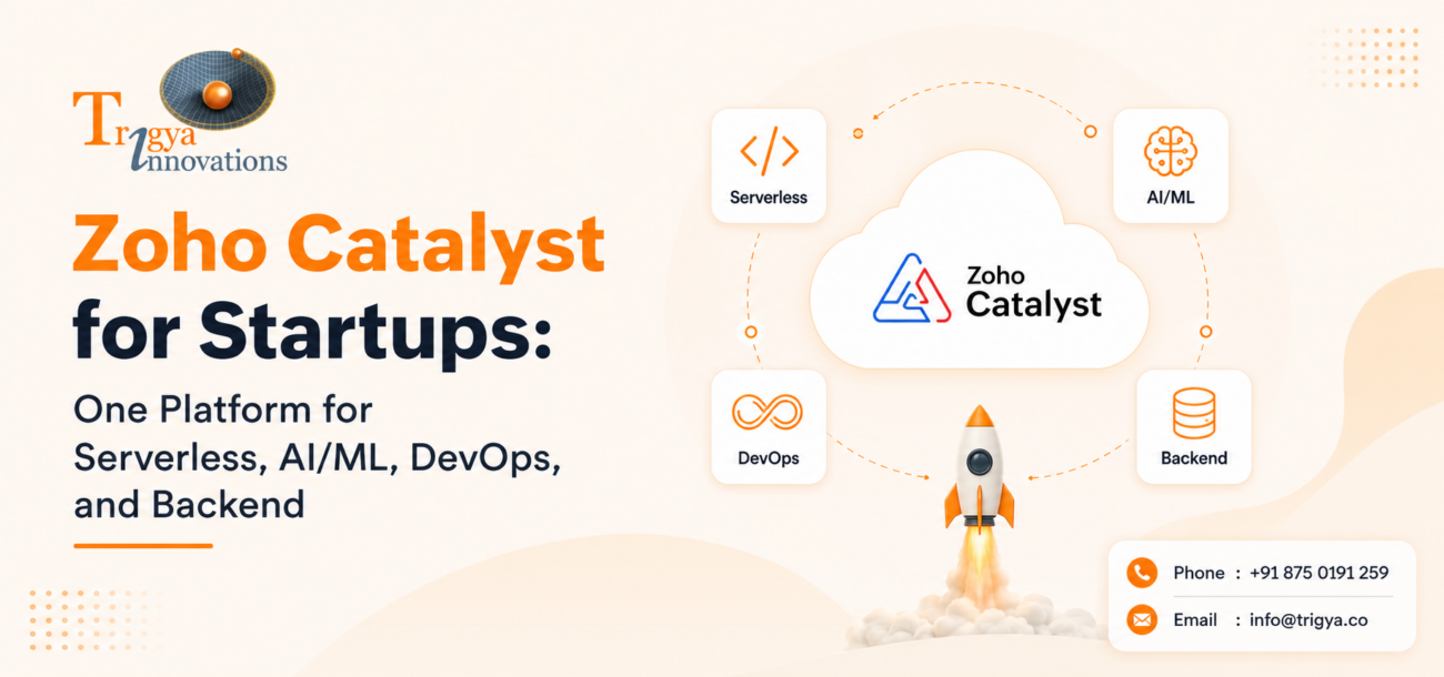 Zoho Catalyst for startups banner showing serverless computing, AI/ML, DevOps, and backend platform for scalable app development.