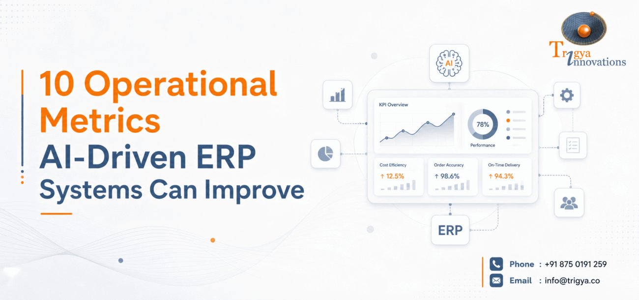 Banner graphic for Trigya Innovations titled “10 Operational Metrics AI-Driven ERP Systems Can Improve"