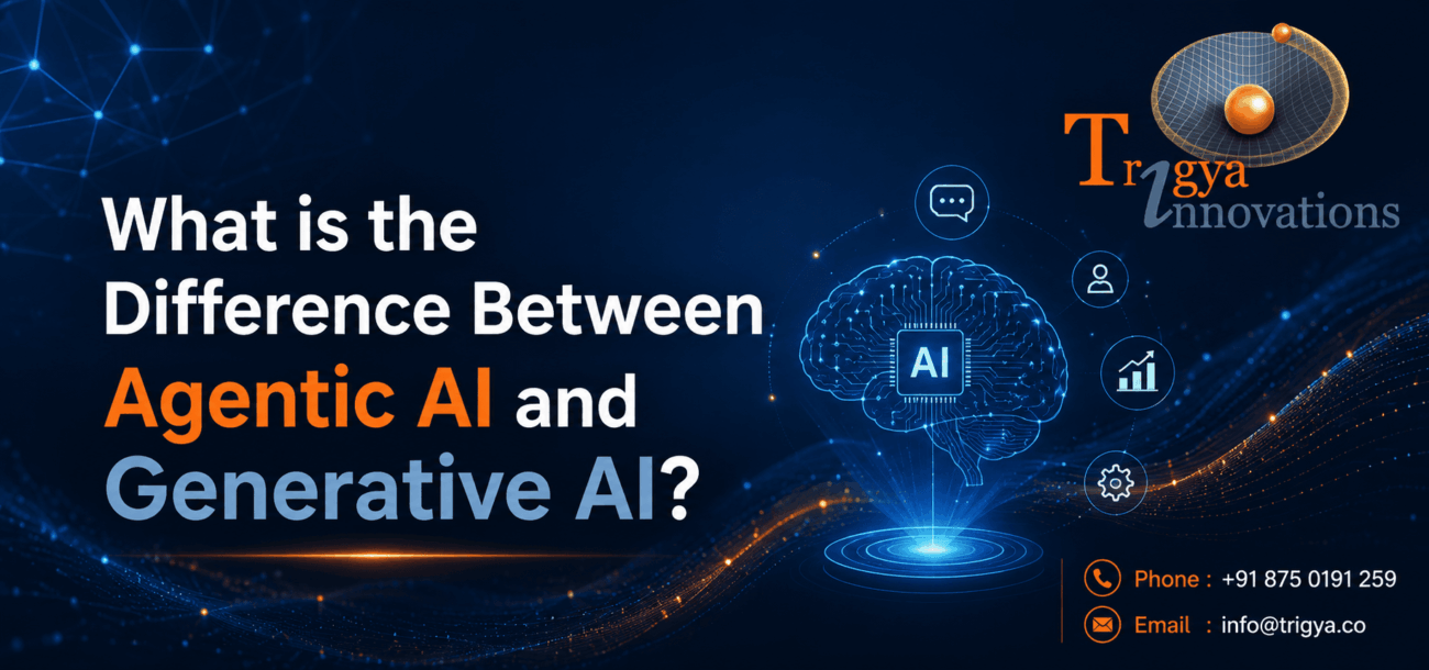 Illustration comparing generative AI and agentic AI, showing generative AI creating content while agentic AI plans, acts, and manages business workflows.