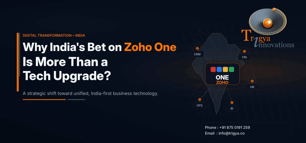 Graphic showing India’s shift toward Zoho One digital sovereignty, highlighting local cloud infrastructure, integrated business apps, and secure digital transformation.