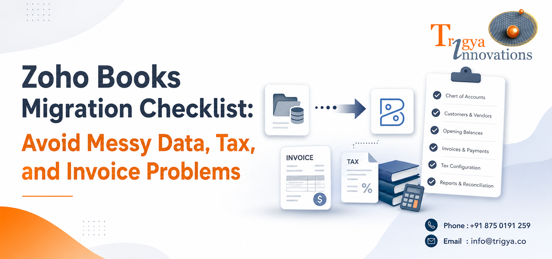 Zoho Books migration checklist showing data, tax, invoice, and GST setup steps