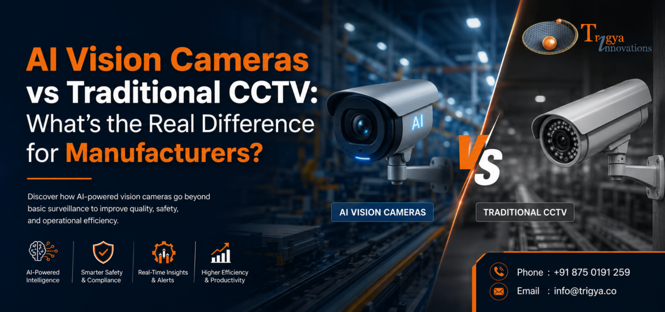AI Vision Cameras vs Traditional CCTV blog banner showing smart AI inspection cameras, traditional CCTV, manufacturing environment, and Trigya Innovations branding.