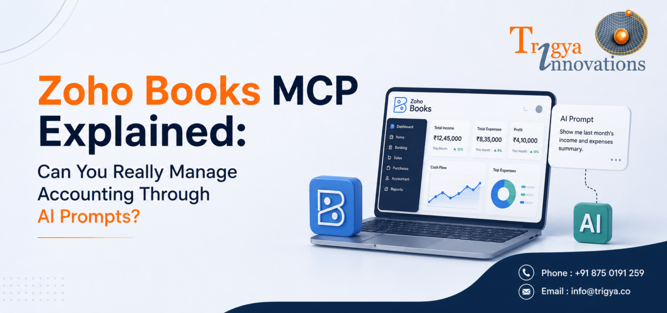 Illustration of Zoho Books MCP enabling AI-powered accounting automation through natural language prompts for invoicing, reconciliation, reporting and financial workflows.