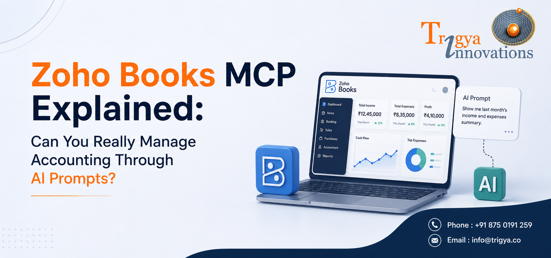 Illustration of Zoho Books MCP enabling AI-powered accounting automation through natural language prompts for invoicing, reconciliation, reporting and financial workflows.